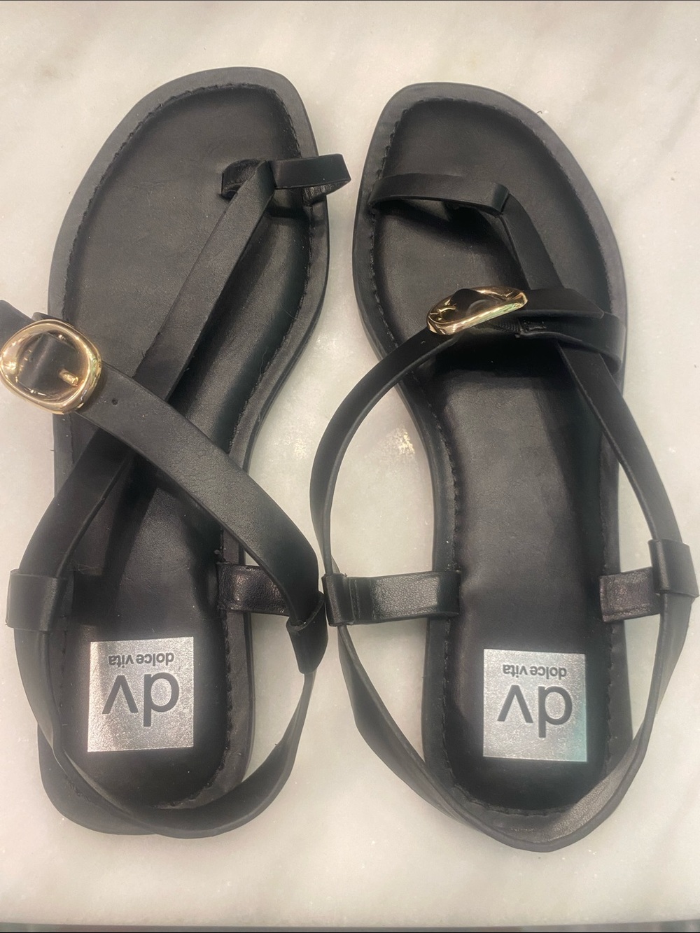 DV by Dolce Vita Black Strappy Sandals with Gold Buckle Accent